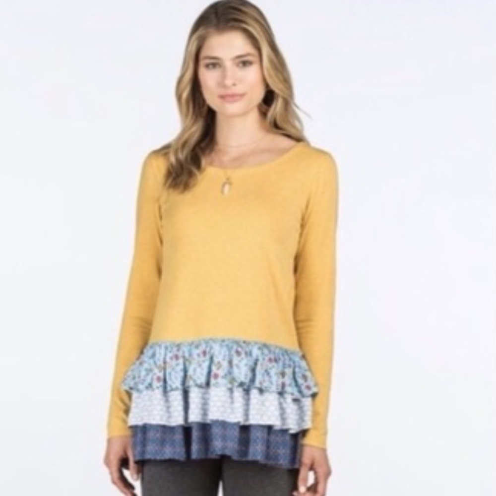 Matilda Jane Weekend Vibes Yellow Tiered Ruffle Floral Hem Print Shirt in XS